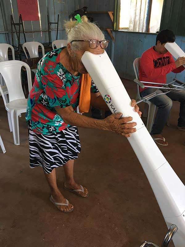 Patient examined with the Kaleidos vision screener during the OneSight floating clinic mission on the Amazon River