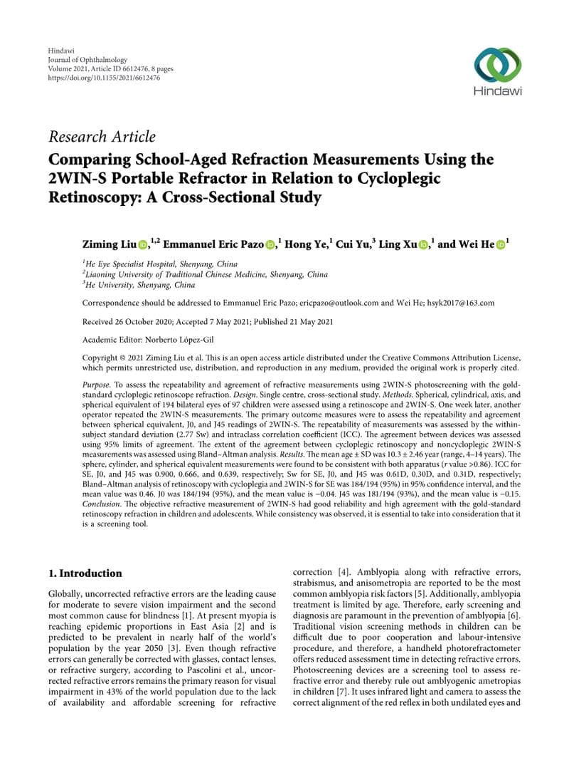 Comparing School-Aged Refraction Measurements Using the 2WIN-S vs Cycloplegic Retinoscopy (Journal of Ophthalmology, 2021)