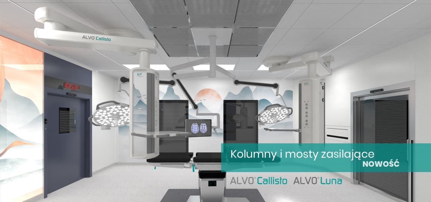 Modern operating room featuring ALVO Callisto and Luna medical equipment columns and surgical lighting systems.