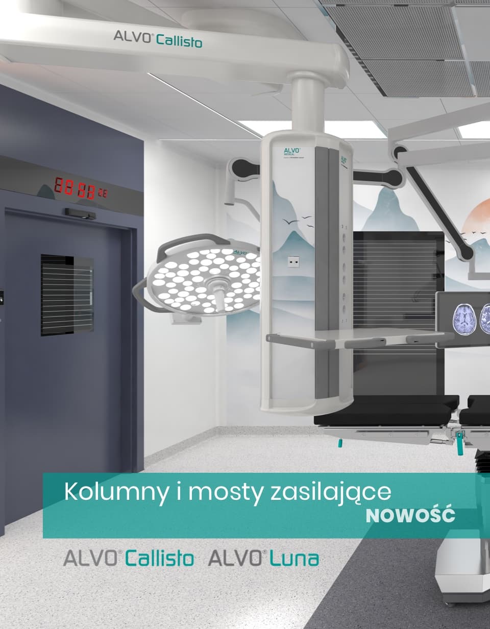 Vertical view of an operating room with ALVO Callisto medical equipment columns and surgical lighting.