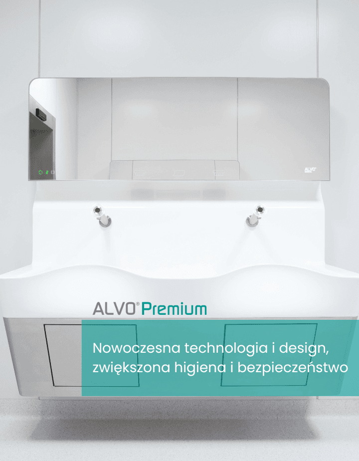 Close-up of an ALVO Premium surgical scrub station with integrated touchless controls and mirror.
