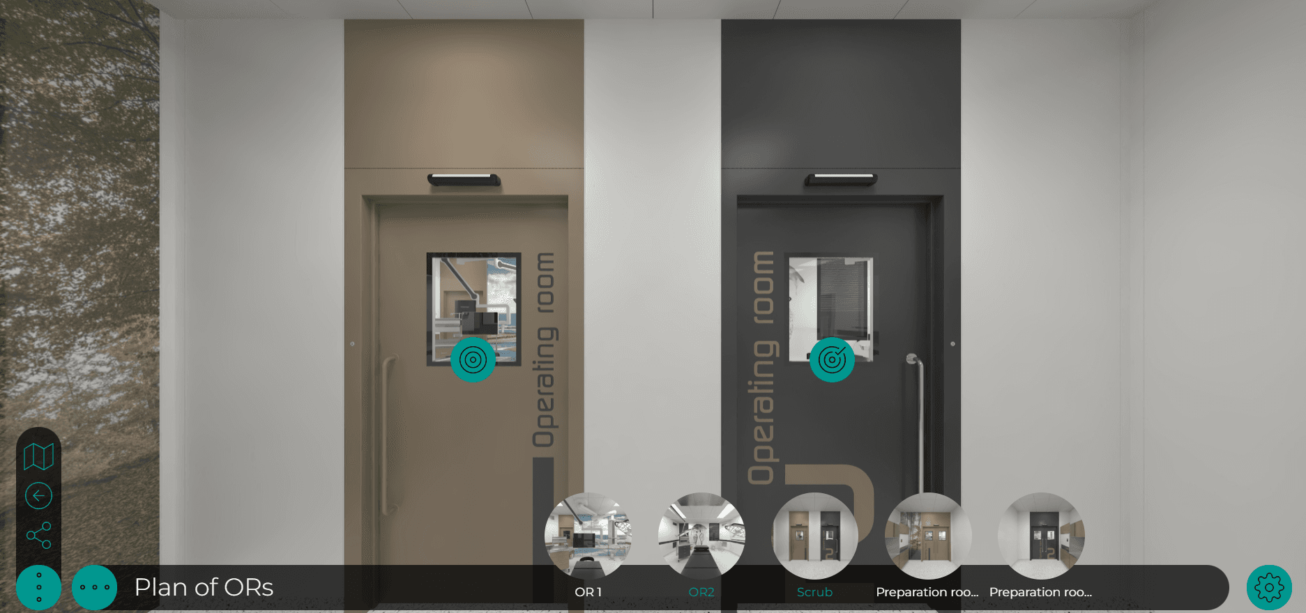 Interactive digital interface for managing operating room doors and surgical environment settings.