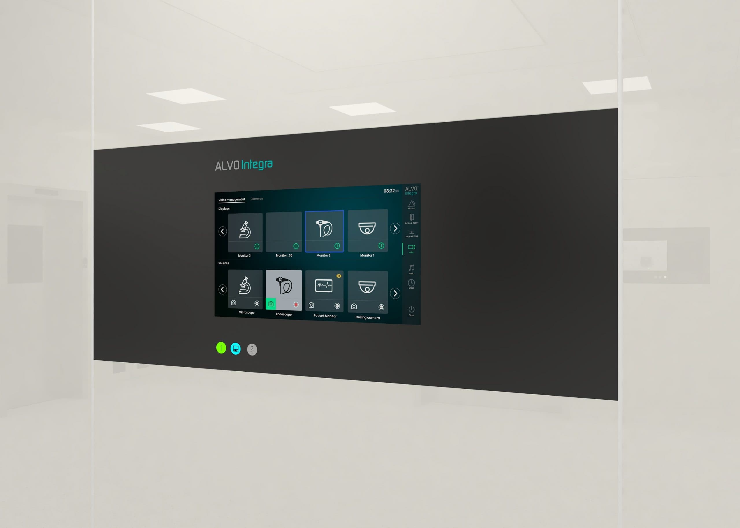 ALVO Integra control panel interface for managing surgical video sources and medical equipment.