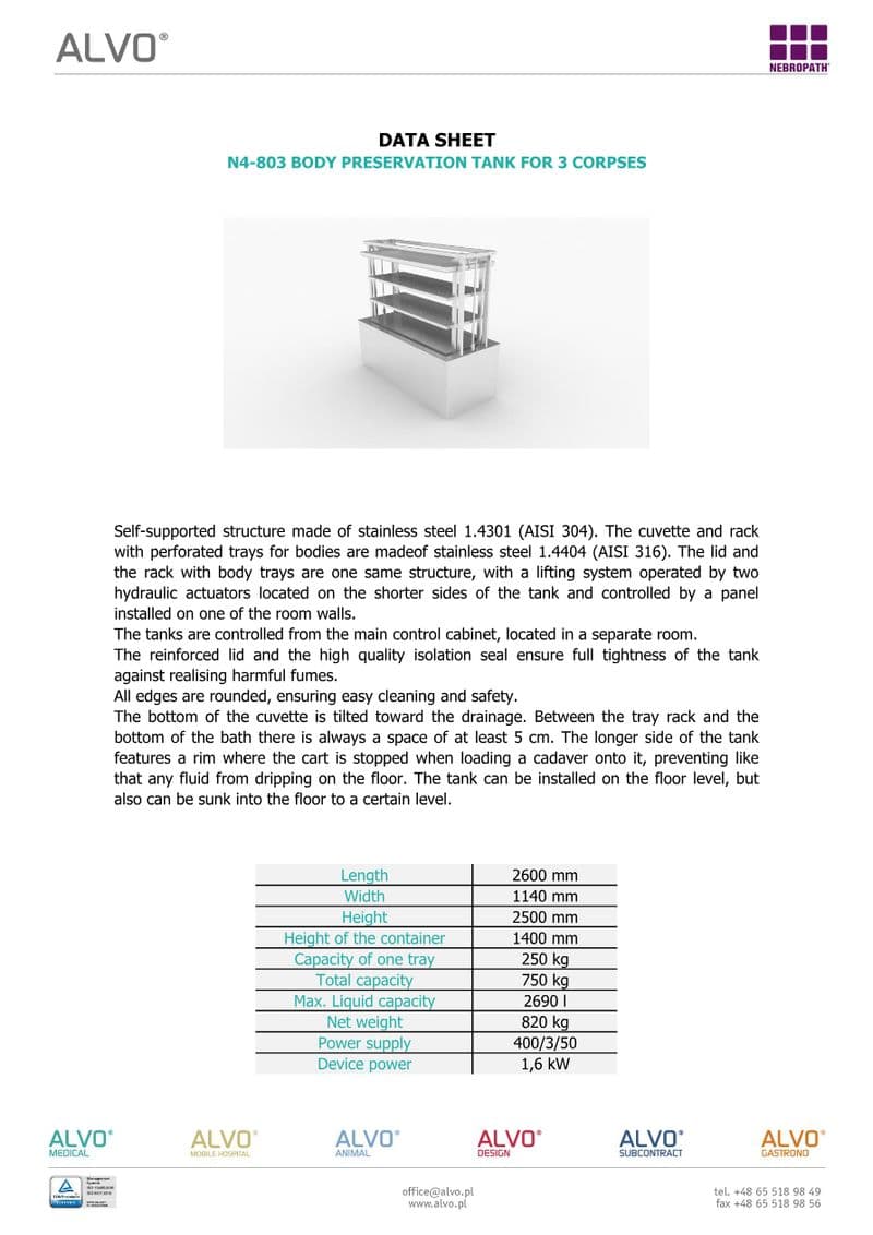 Body Preservation Tank Spec Sheet