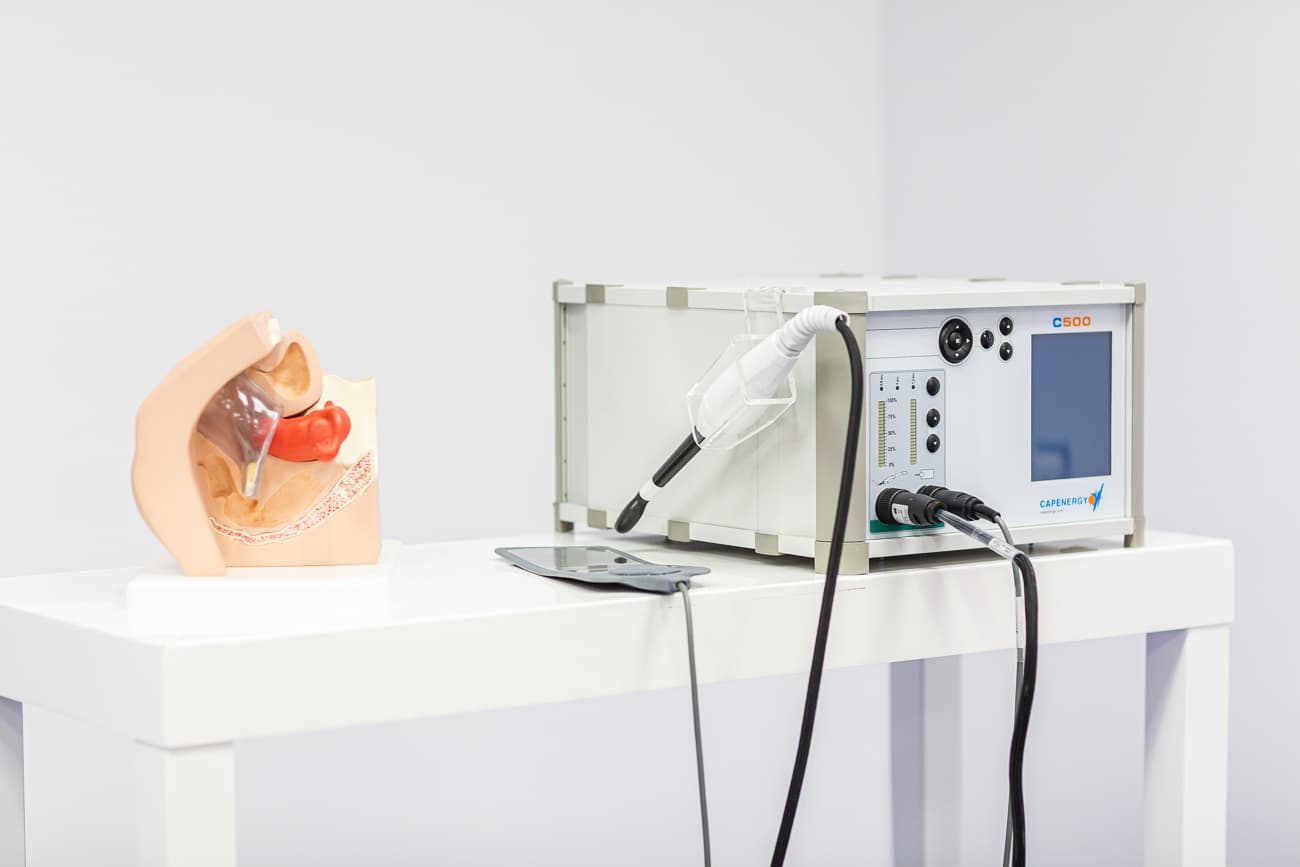 A Capenergy C500 medical device sits on a white table next to an anatomical model of the pelvic floor area.
