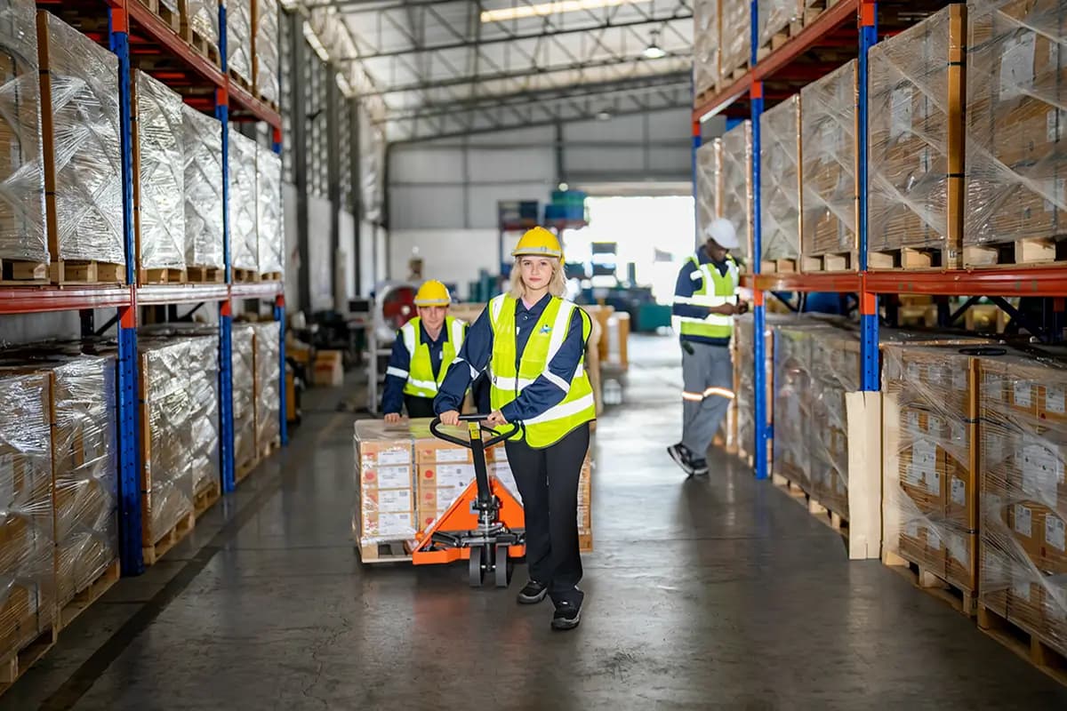 Warehouse staff in high-visibility vests operating a pallet jack to move inventory within the distribution center.
