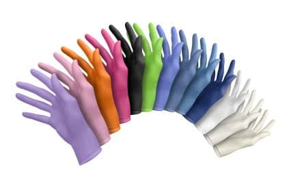 A comprehensive lineup of medical gloves in various colors, showcasing the diversity of the product range.