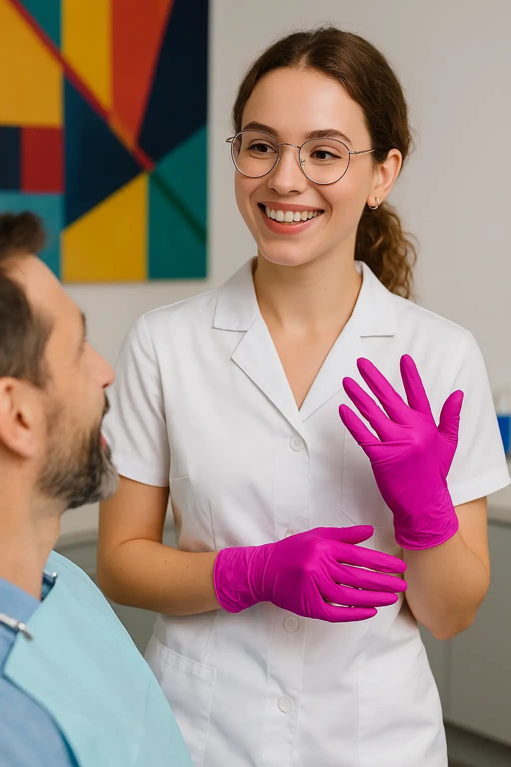 Dental professional wearing pink medical gloves, demonstrating product comfort and quality during a patient consultation.