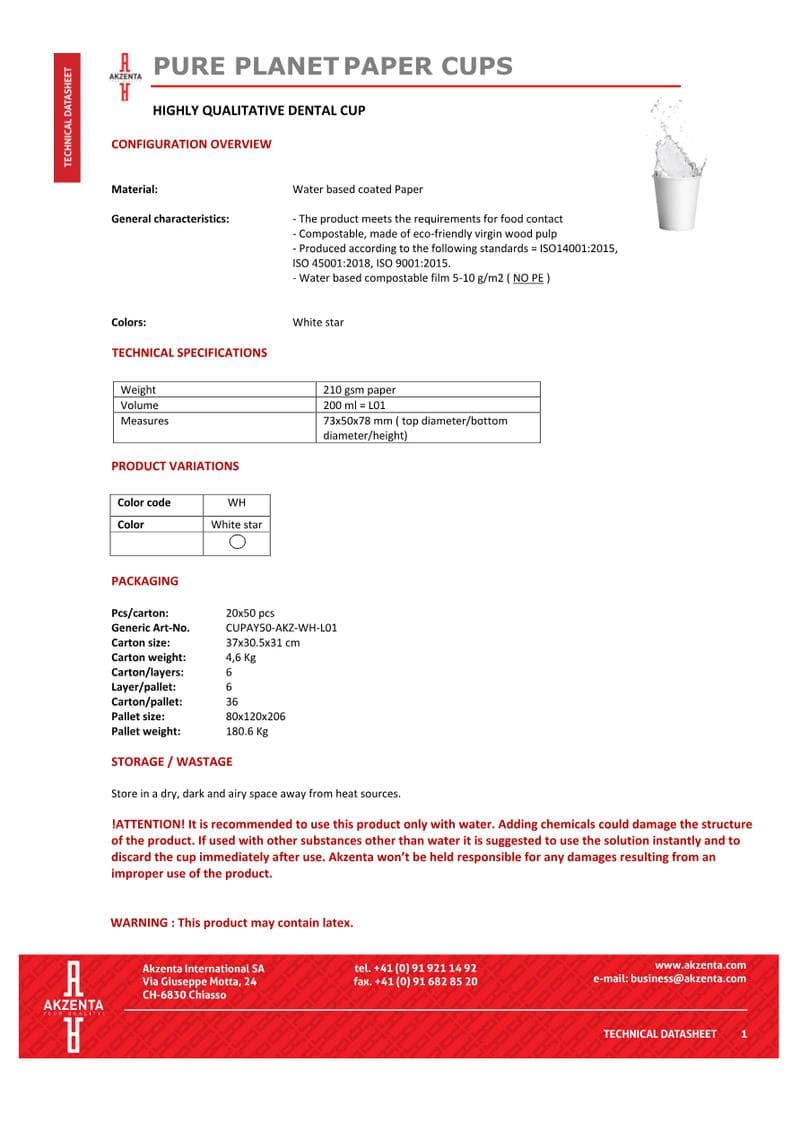 Paper Cups Pure Planet Spec Sheet