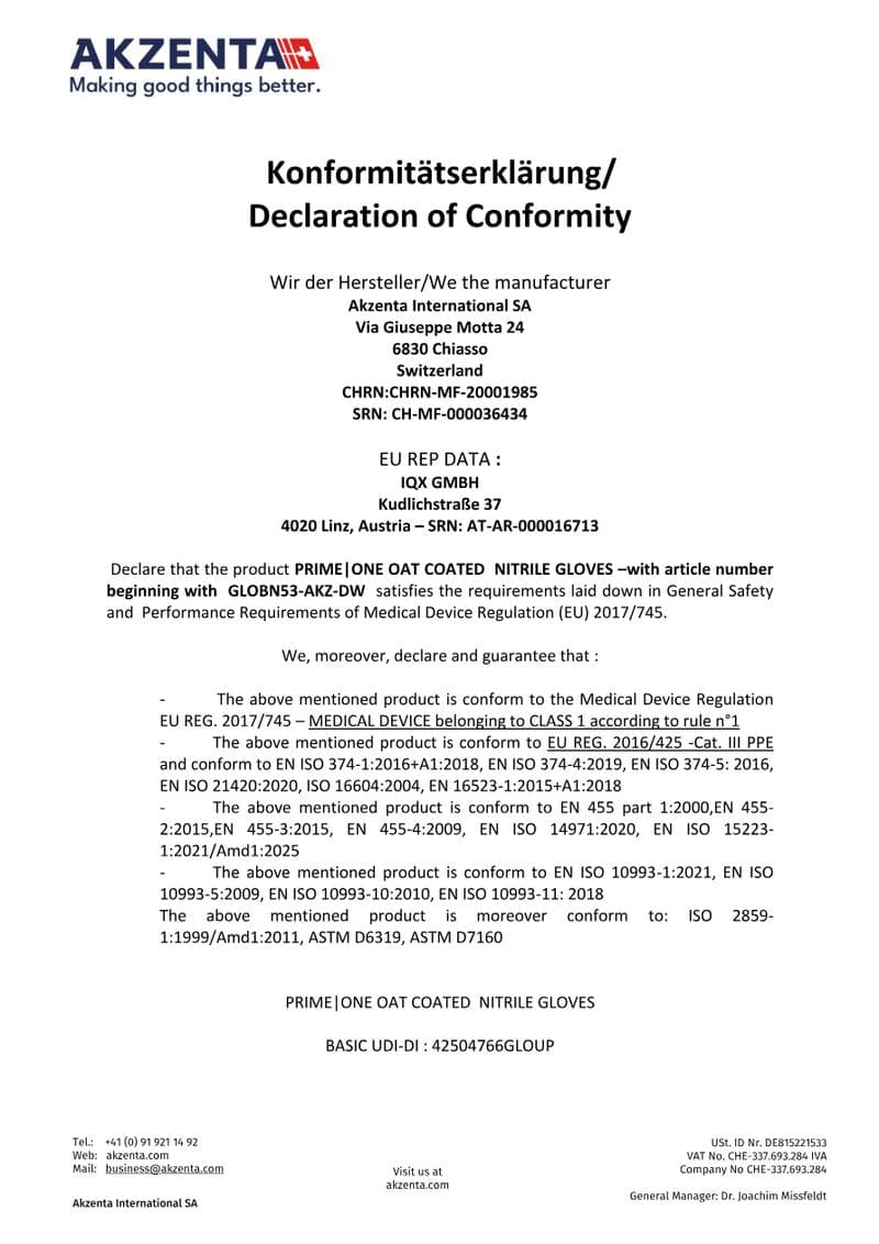 Bio Nitrile Gloves Declaration of Conformity