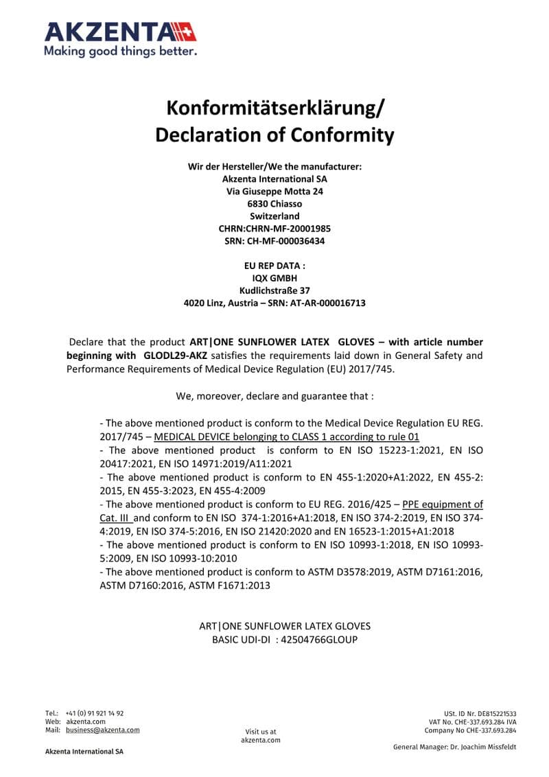 Latex Gloves Extra Sensitive Declaration of Conformity