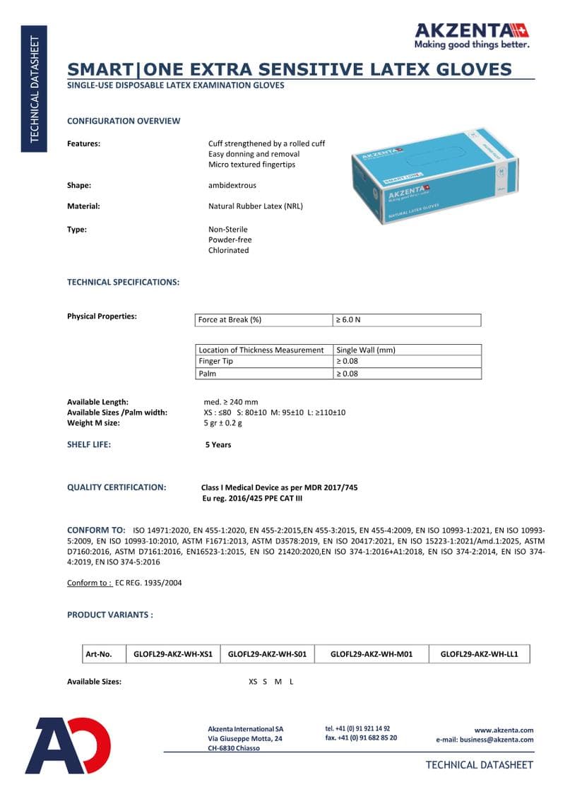 Latex Gloves Extra Sensitive Spec Sheet
