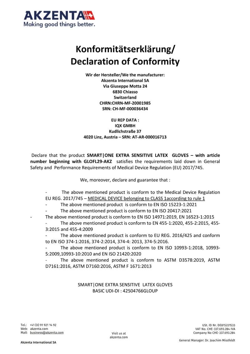 Latex Gloves Extra Sensitive Declaration of Conformity