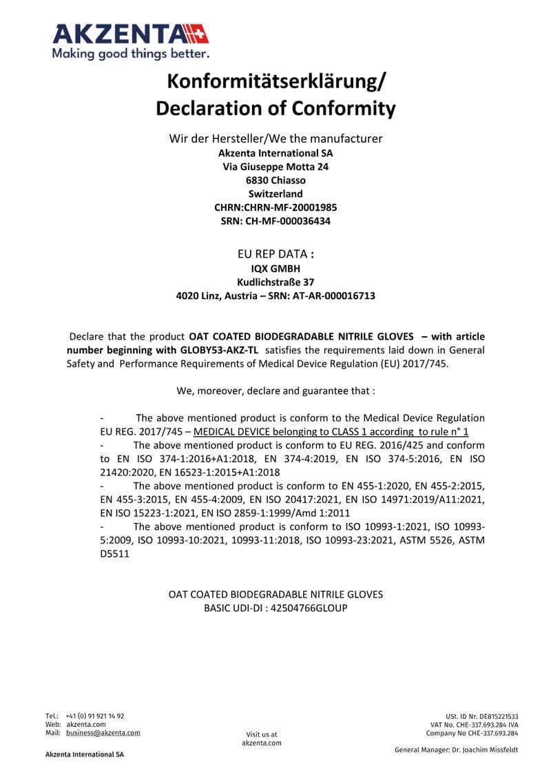 Bio Nitrile Gloves Declaration of Conformity
