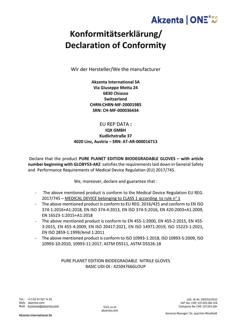 Bio Nitrile Gloves Declaration of Conformity