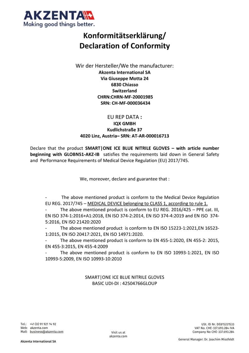 Bio Nitrile Gloves Declaration of Conformity
