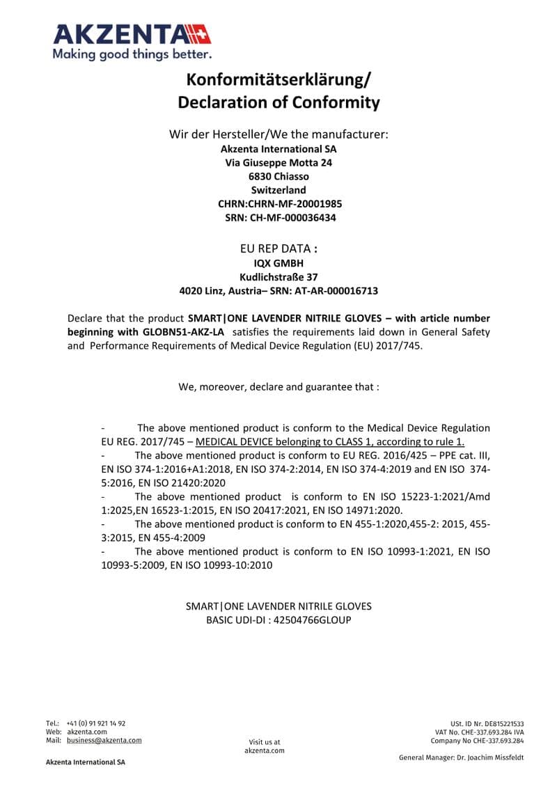 Bio Nitrile Gloves Declaration of Conformity