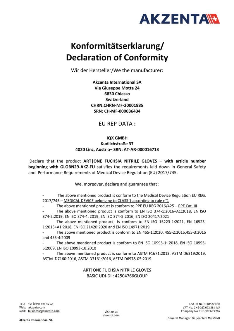 Bio Nitrile Gloves Declaration of Conformity