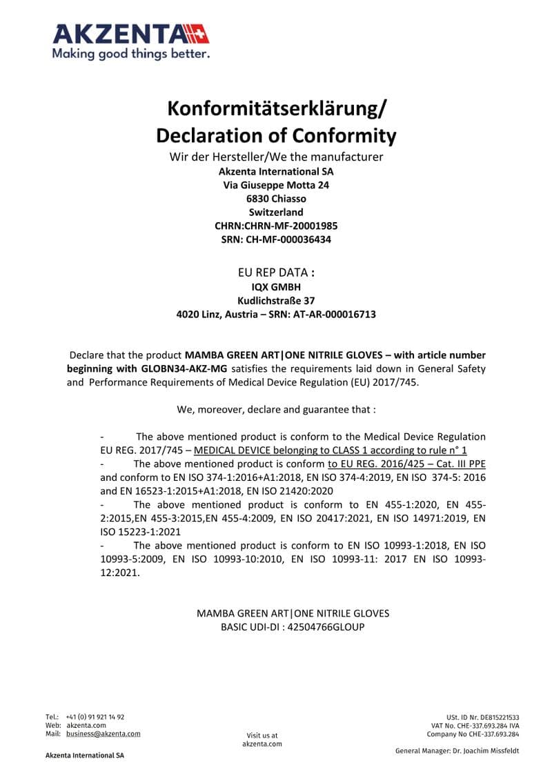 Bio Nitrile Gloves Declaration of Conformity