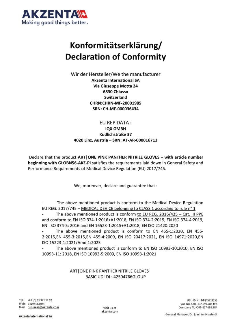 Bio Nitrile Gloves Declaration of Conformity