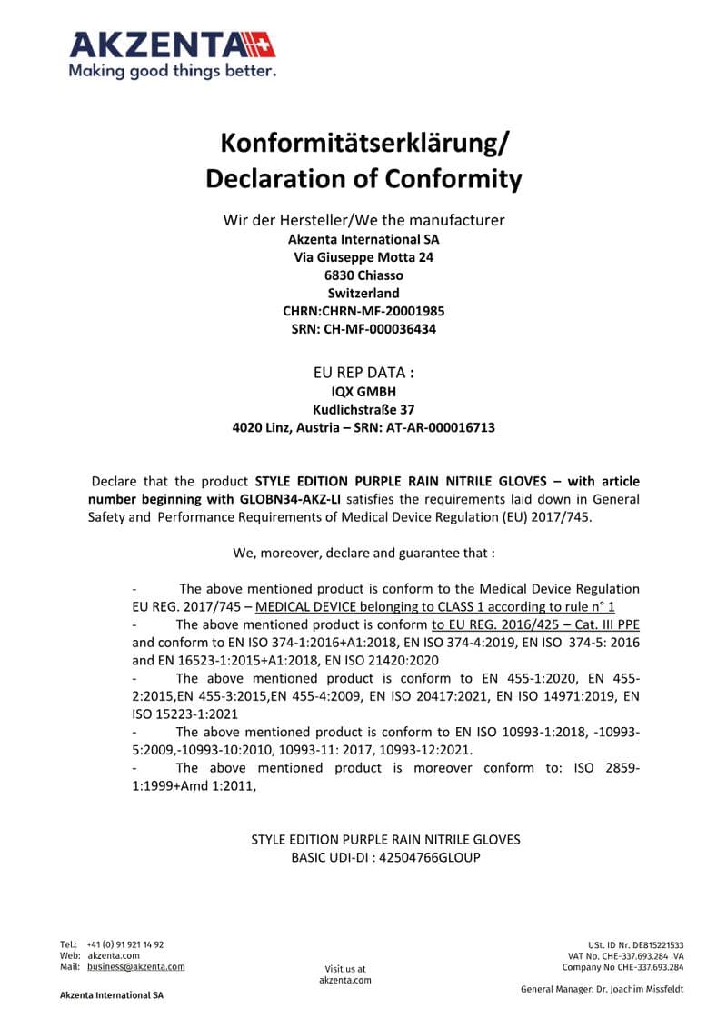 Bio Nitrile Gloves Declaration of Conformity