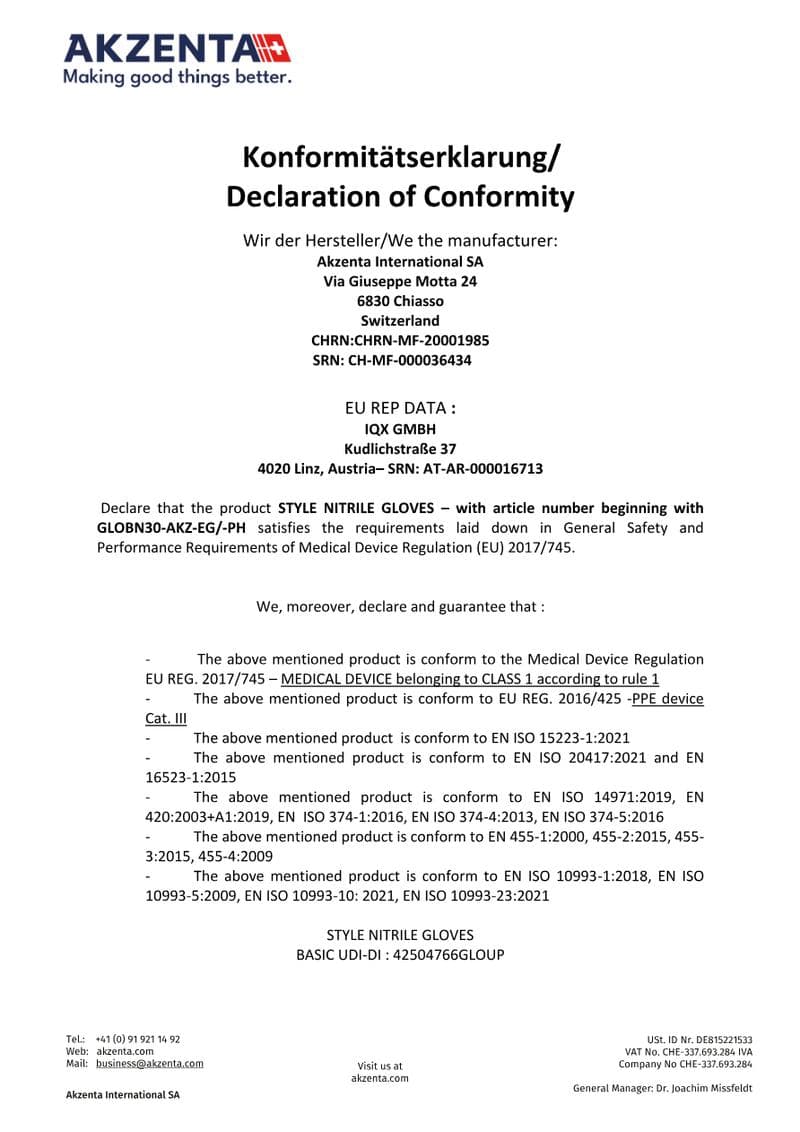 Bio Nitrile Gloves Declaration of Conformity
