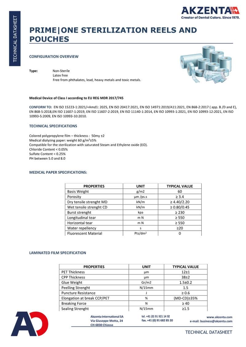 PRIME ONE Sterilization Reels Spec Sheet