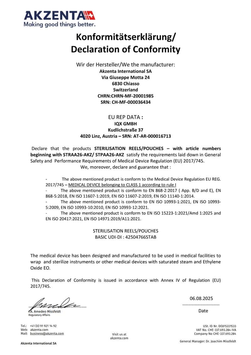 PRIME ONE Sterilization Reels Declaration of Conformity