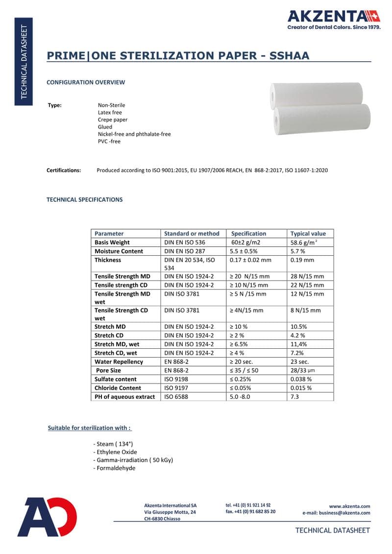 PRIME ONE Sterilization Paper Spec Sheet