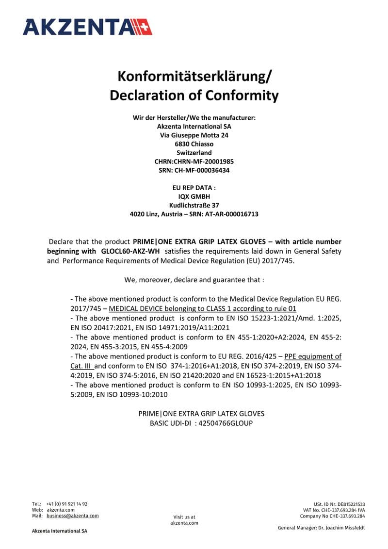 Latex Gloves Extra Sensitive Declaration of Conformity