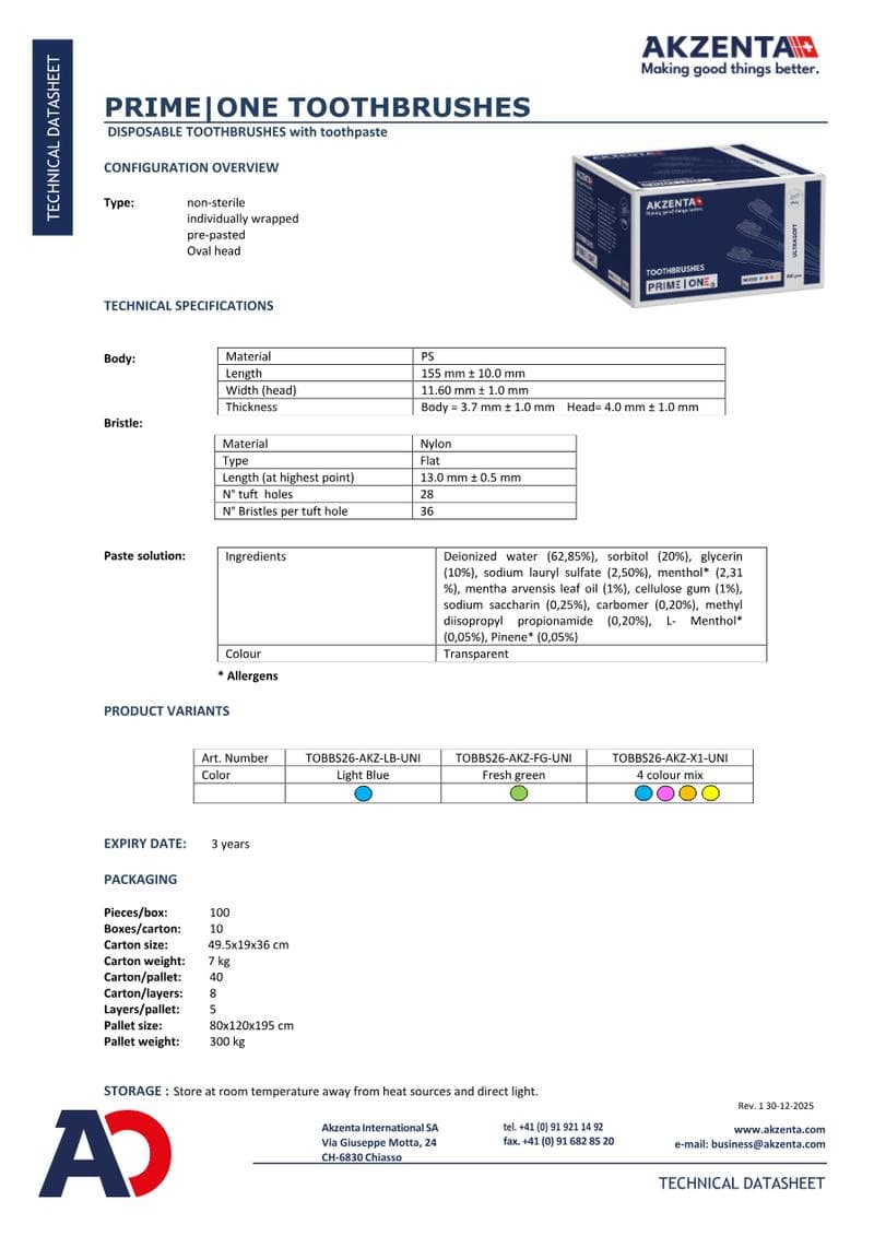 PRIME ONE Toothbrushes Spec Sheet