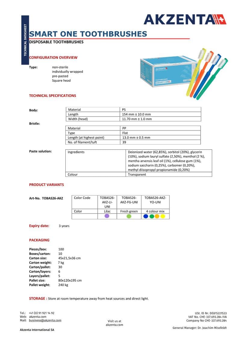 SMART ONE Toothbrushes Spec Sheet