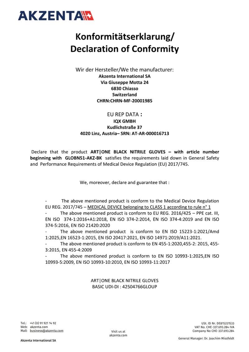 Bio Nitrile Gloves Declaration of Conformity