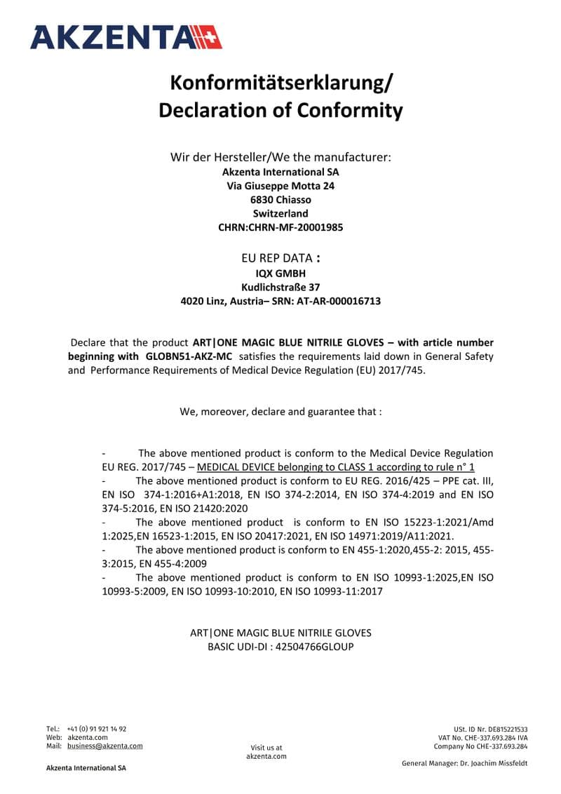 Bio Nitrile Gloves Declaration of Conformity