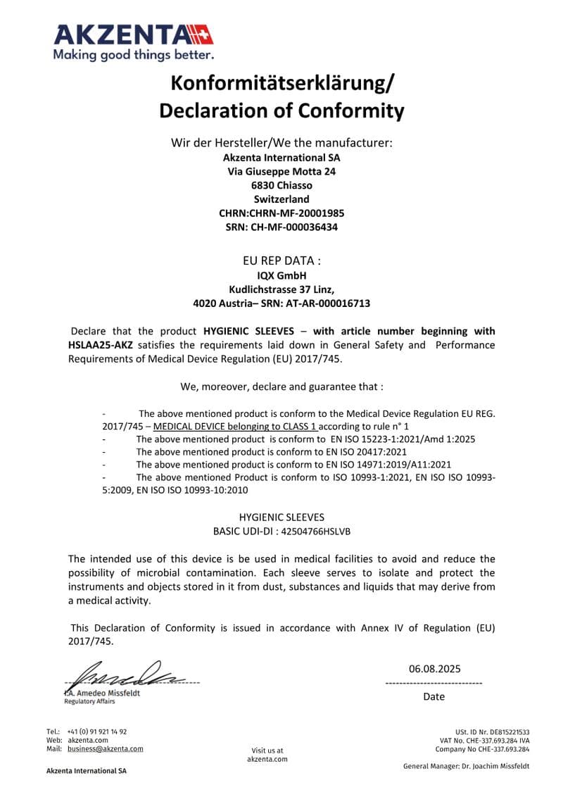 Hygienic Sleeves Declaration of Conformity