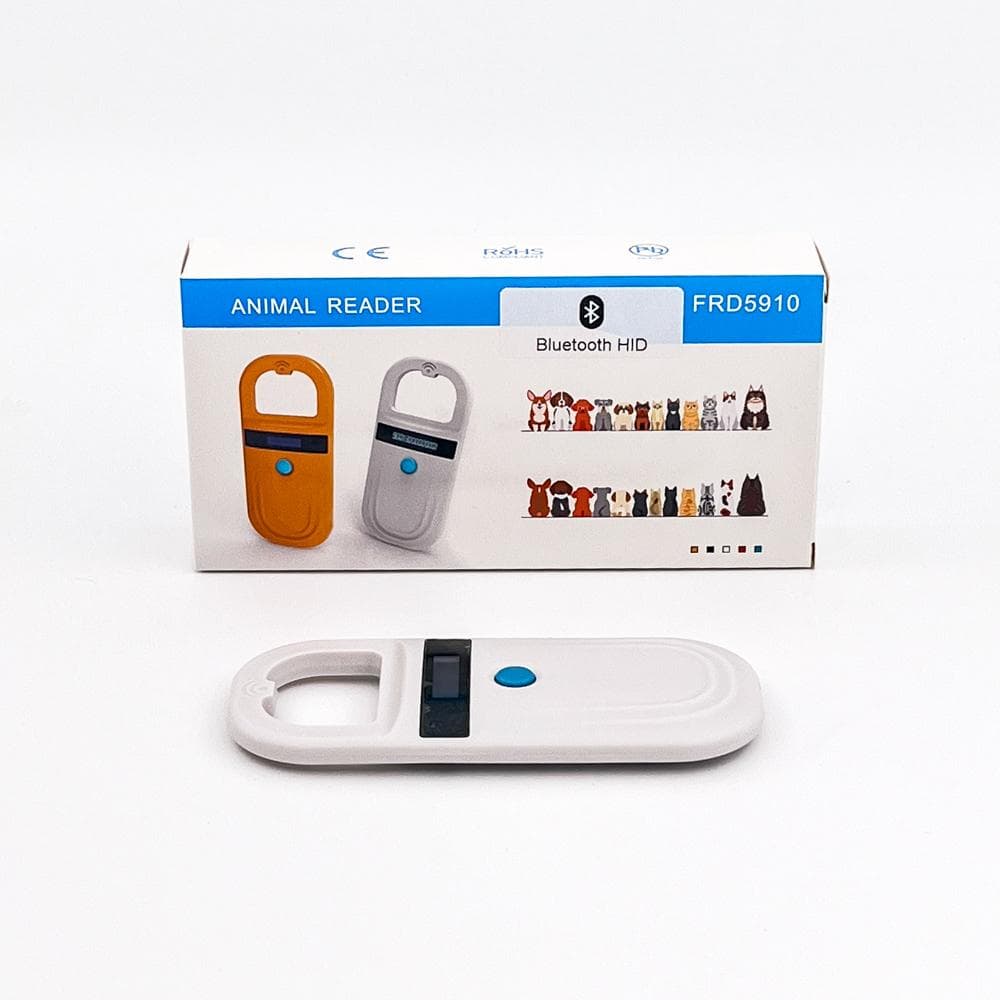 A single white animal microchip reader device placed in front of its retail packaging box on a plain white background.