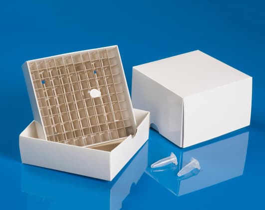 A white cardboard laboratory storage box with an internal grid divider, accompanied by two small plastic microcentrifuge tubes on a blue surface.