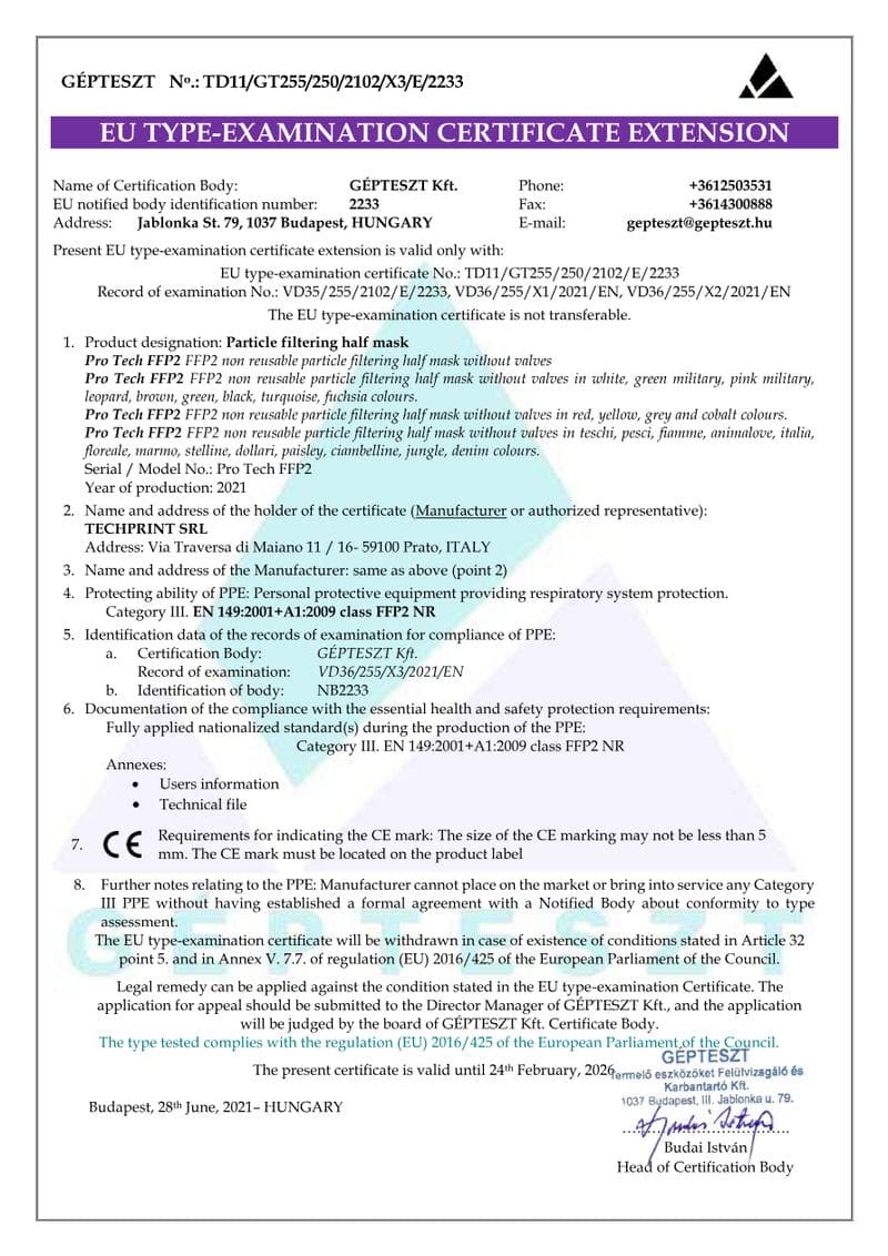 Pro Tech FFP2 CE Certificate