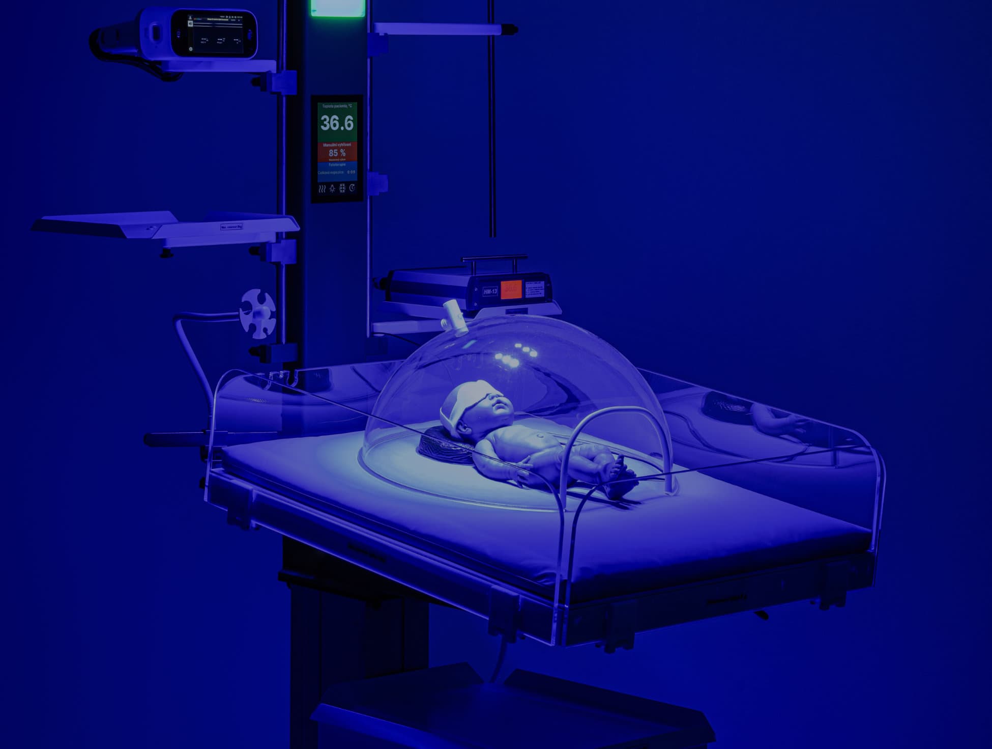 A neonatal infant mannequin inside a medical incubator with a digital display showing temperature readings under blue studio lighting.