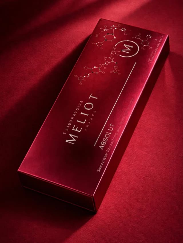 A single rectangular box of Meliot Absolut skincare product featuring molecular structure graphics on a deep red velvet background.