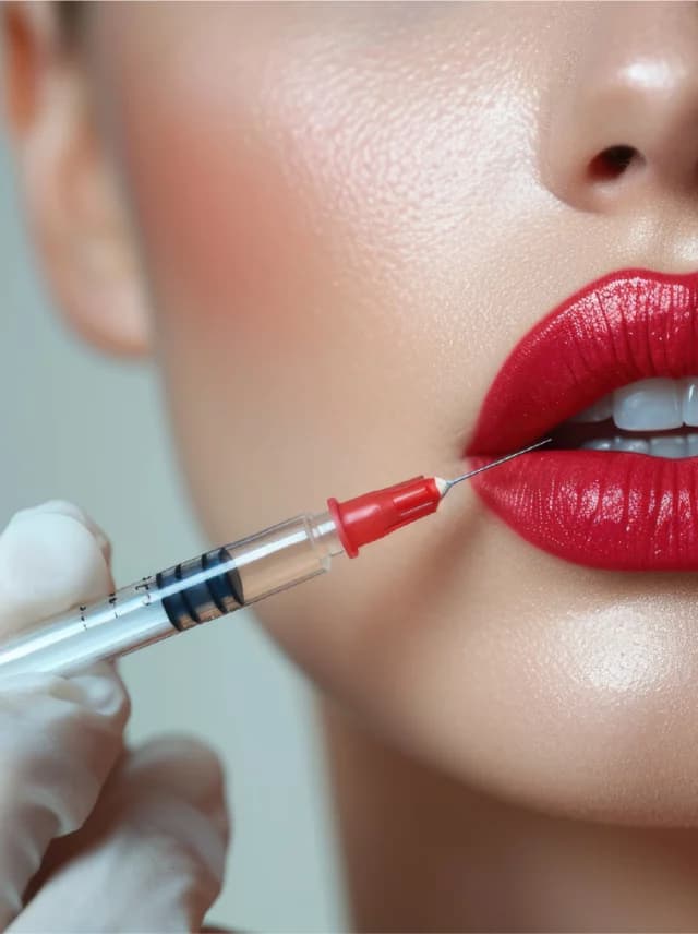 Close-up of a gloved hand holding a syringe near a person's red-painted lips, typical of generic aesthetic medical stock photography.