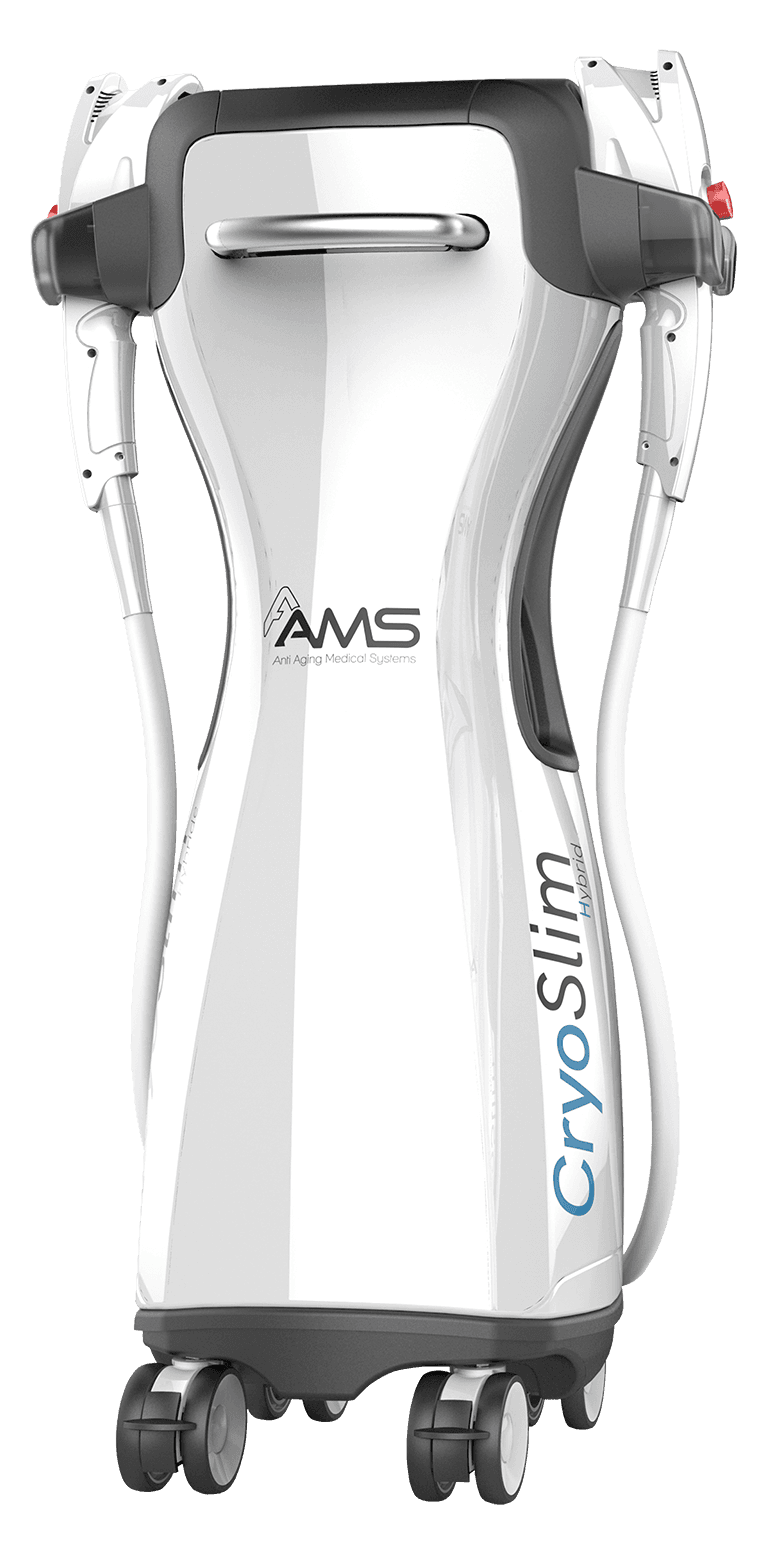 A single white medical aesthetic device on a black background, featuring two side-mounted applicators and a wheeled base.