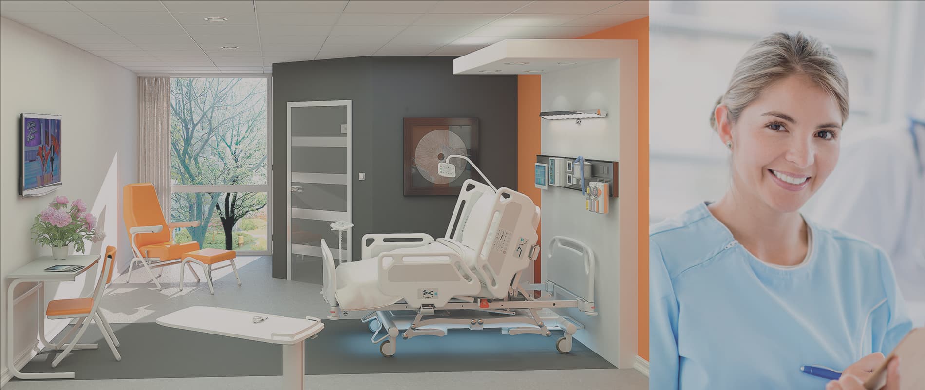 Modern medical room setup showcasing AHF furniture, designed for patient comfort and clinical functionality.