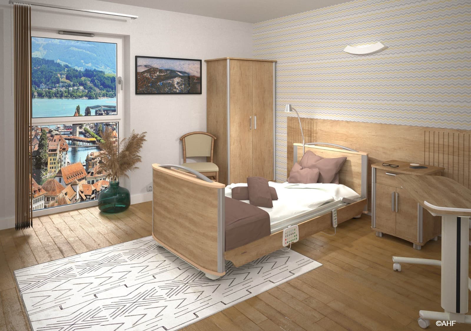 A 3D render of a furnished bedroom featuring a wooden medical bed, wardrobe, bedside table, and a view of a lake.