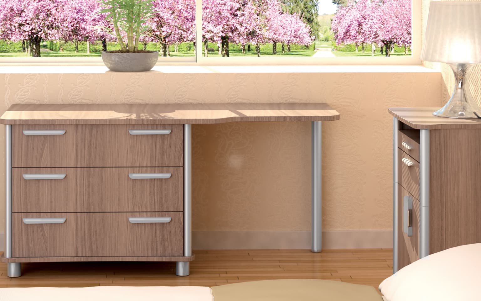 A wooden office desk and matching cabinet set positioned in front of a window overlooking a garden with blooming cherry trees.