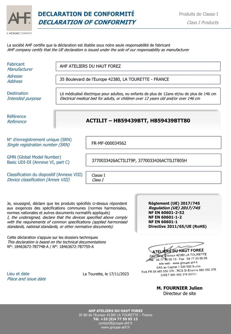 ACTILIT Declaration of Conformity