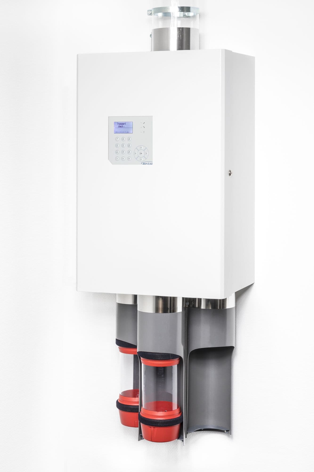 Multi-send pneumatic tube station unit featuring three integrated receiving ports for high-volume hospital transport.