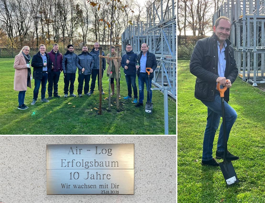 A group of employees and a man with a shovel planting a commemorative tree to celebrate a company anniversary milestone.