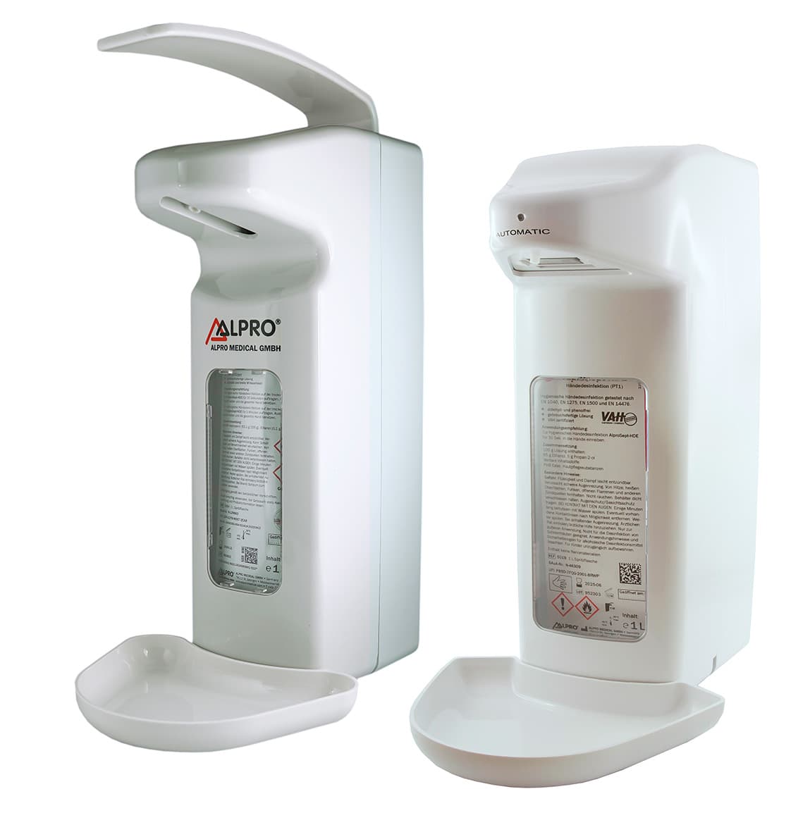 Two white automatic disinfectant dispensers shown side-by-side, representing a portion of the product lineup.