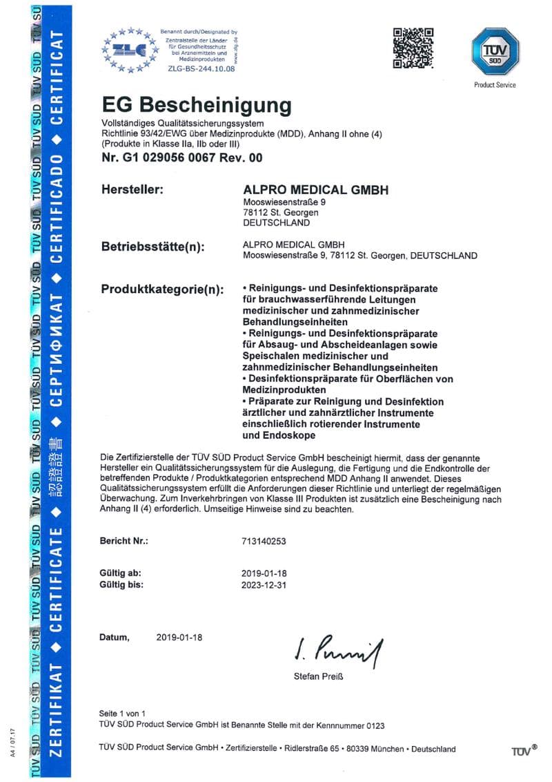 Alpro Medical CE Certificate